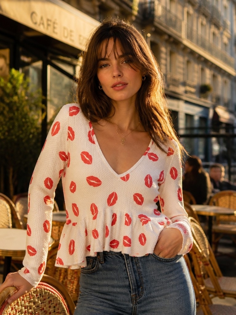 Fantastic Fawn White V-Neck Peplum Top with Red Lip Print